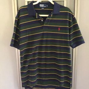 Vintage polo Ralph Lauren green and navy striped short sleeve shirt size l